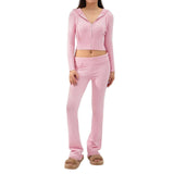 2pcs Knitted Hooded Suits Women's Long-sleeved Cardigan And-Pink-11