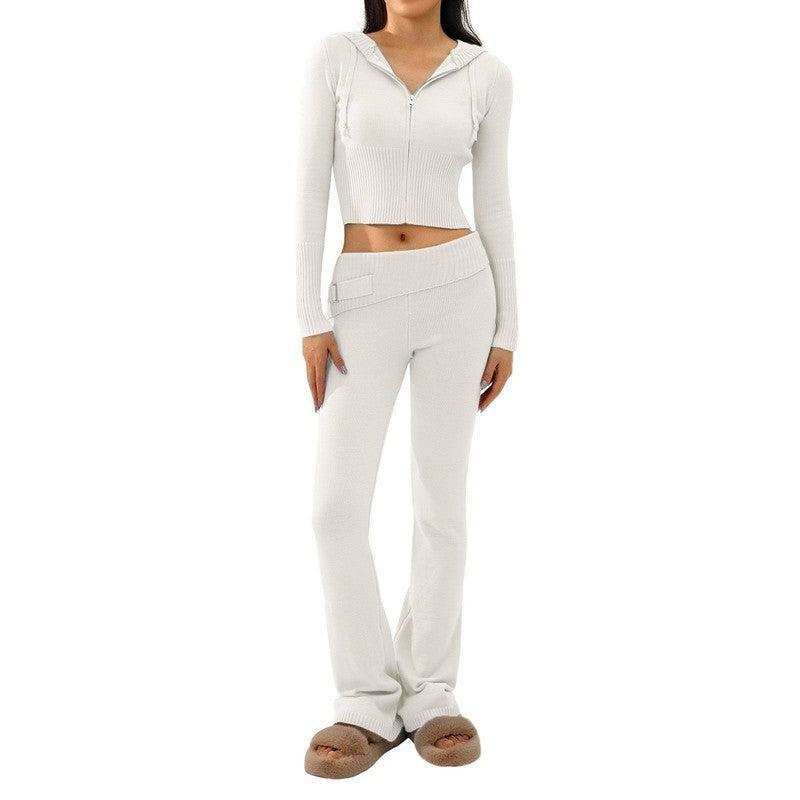 2pcs Knitted Hooded Suits Women's Long-sleeved Cardigan And High Waisted Trousers Clothing-White-14