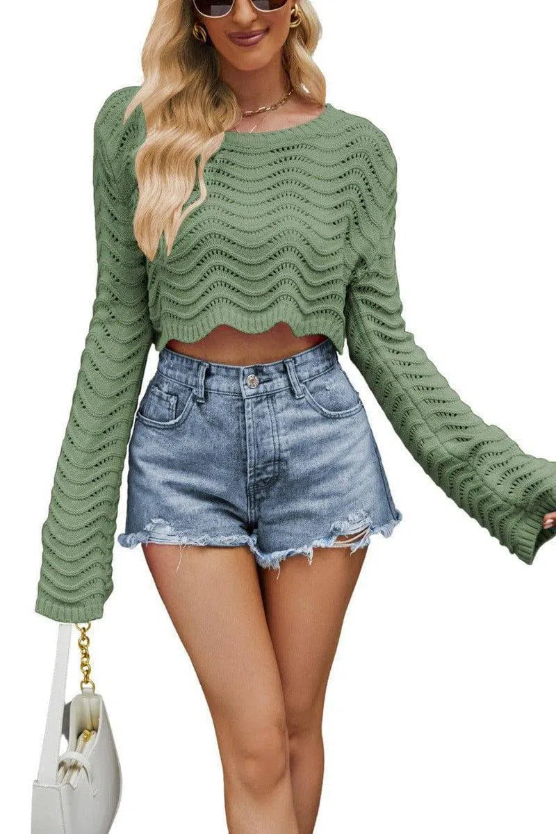 Acrylic Women's Sweater Solid Color Hollow Wave Pattern-5