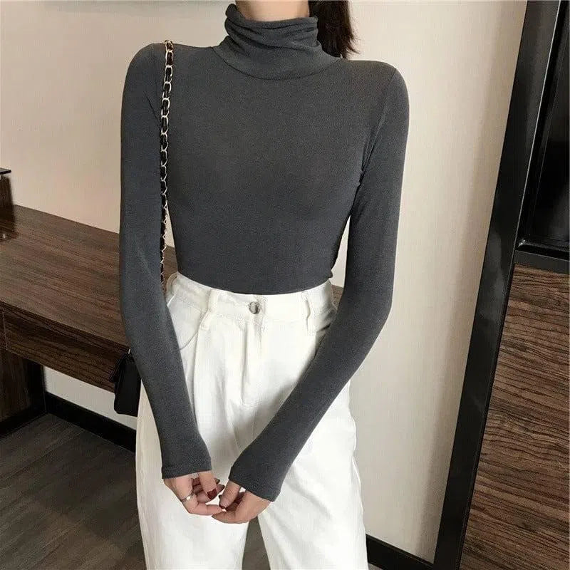 All-matching Solid Color Turtleneck Bottoming Shirt Women's-Gray-3