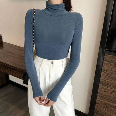 All-matching Solid Color Turtleneck Bottoming Shirt Women's-Blue-7