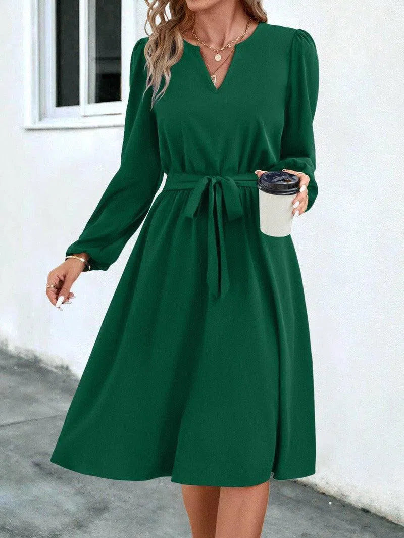 Autumn And Winter European And American Women's Clothing Long Sleeve Small V-neck Lace Up Dress-Dark Green-7