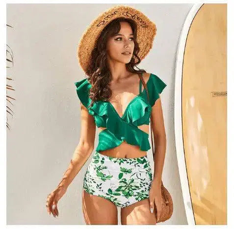 Bikini Women's Cross Swimsuit Off-shoulder Bikini Suit-Green-5