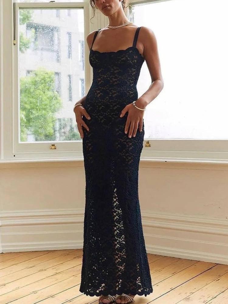 Black Lace See Through Maxi Dress - Sexy Spaghetti Strap-1