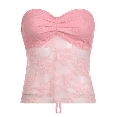 Bow Lace Tube Top Backless Lace-up Dopamine Color Hot-Pink-12