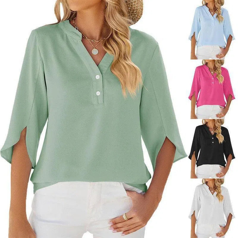 Button V-neck Mid-sleeve Chiffon Shirt Solid Color Top Womens Clothing-1