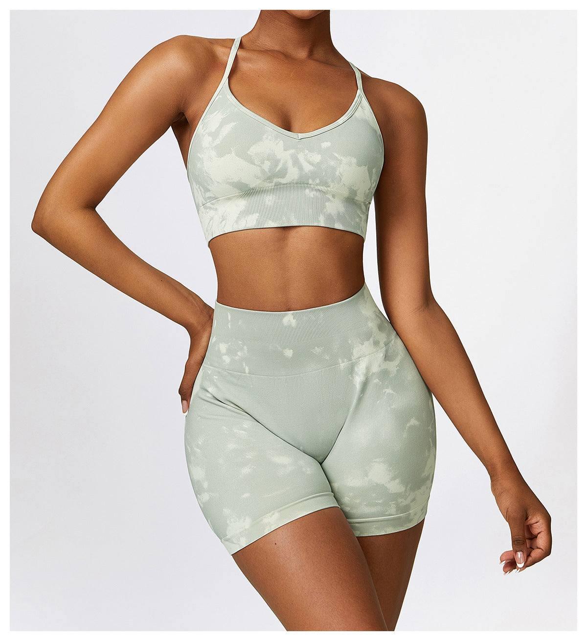 Camouflage Printing Seamless Yoga Suit Quick-drying High-Light Grayish Green Bra Shorts-14