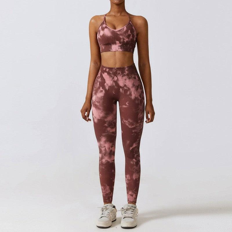 Camouflage Printing Seamless Yoga Suit Quick-drying High Waist Running Workout Clothes-Wine Red Bra Trousers-7