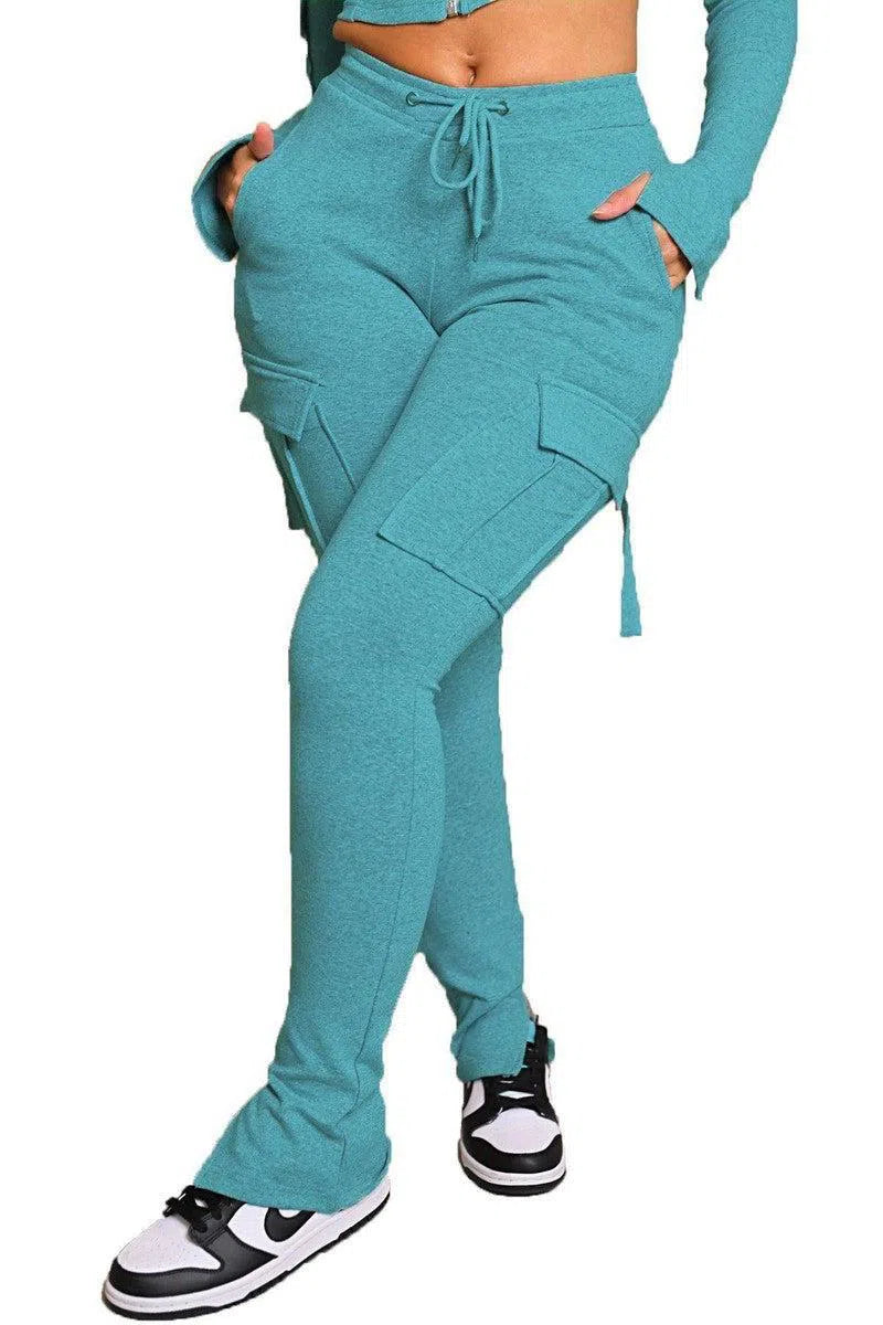 Cargo Pants With Pockets High Waist Drawstring Wide Leg Straight Trousers For Women Overalls-Sky Blue-11