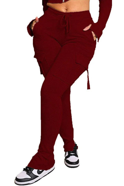 Cargo Pants With Pockets High Waist Drawstring Wide Leg Straight Trousers For Women Overalls-Wine Red-9