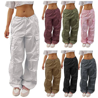 Casual Cargo Pants For Women Solid Color Drawstring Pocket Design Fashion Street Trousers Girls-1