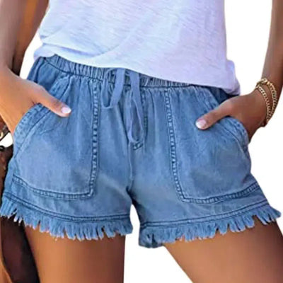 Casual Drawstring Elastic Waist Frayed Hem Loose Short Jeans-Blue-4