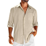 Casual Long Sleeve Shirt With Pocket Lace Polo Collar Solid Color Button Mens Clothing Set / 3XL-Apricot-2