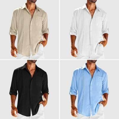 Casual Long Sleeve Shirt With Pocket Lace Polo Collar Solid Color Button Mens Clothing Set / 3XL-Set-8