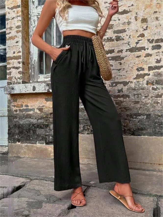 New Casual Pants With Pockets Elastic Drawstring High Waist Loose Trousers For Women-Black-5