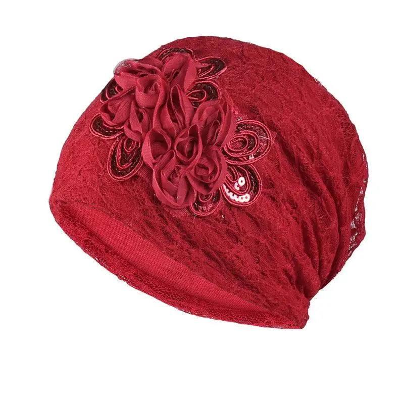 Casual Thin Lace Flower Pullover Hat-Red-6