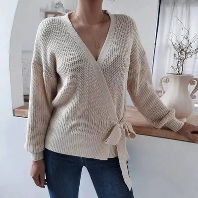 Casual V-neck tie knotted sweater sweater-1