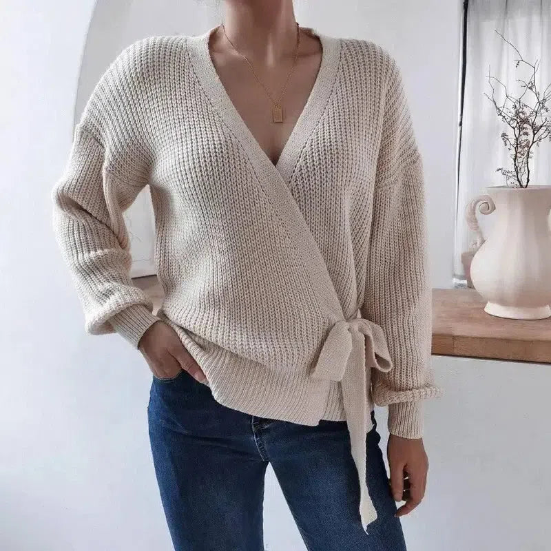 Casual V-neck tie knotted sweater sweater-2