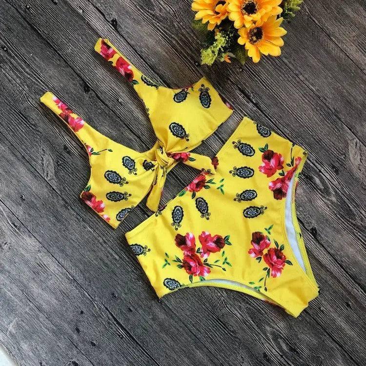 Cherry Print Bikini Push Up Front Knot Bikini Women-Yellow-1