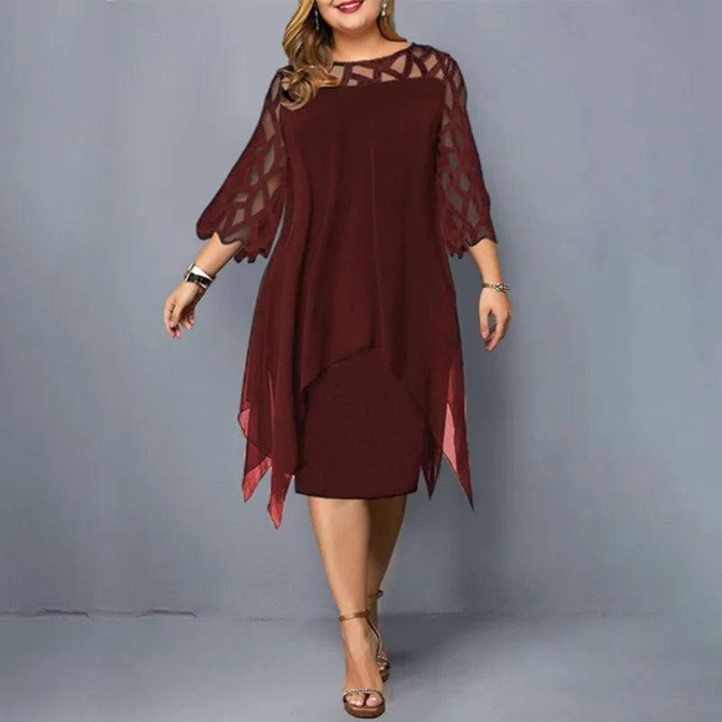 New Elegant Lace Plus Size Dresses Women Hollow Out Oversize Dress Loose Casual Vestidos De Fiesta Midi Robes Femme-Burgundy-7