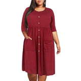 Chic Plus-Size Buttoned Midi Dress for Women-Burgundy-8