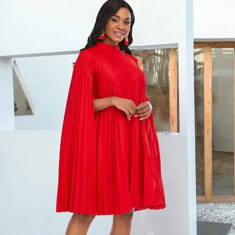 Plus Size Women Oversized Pleat Dress Mock Neck Cloak Sleeve Loose Short Dresses Curve Female Summer Birthday Party Club Wear-Red-8