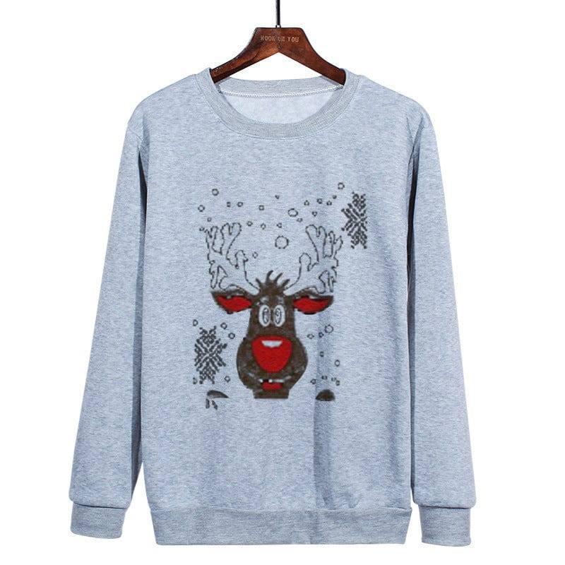 Christmas Antlers Cute Print Crew Neck Sweater-Grey-8