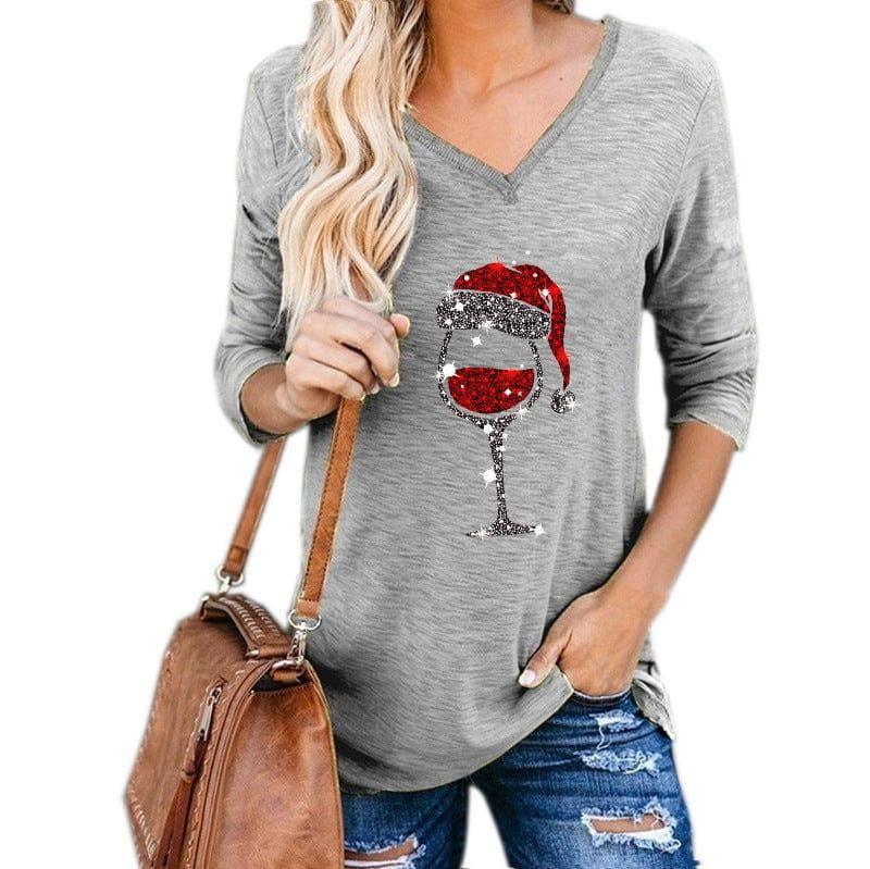 Christmas Wine Glass Print Plus Size Women Clothing-Grey-4