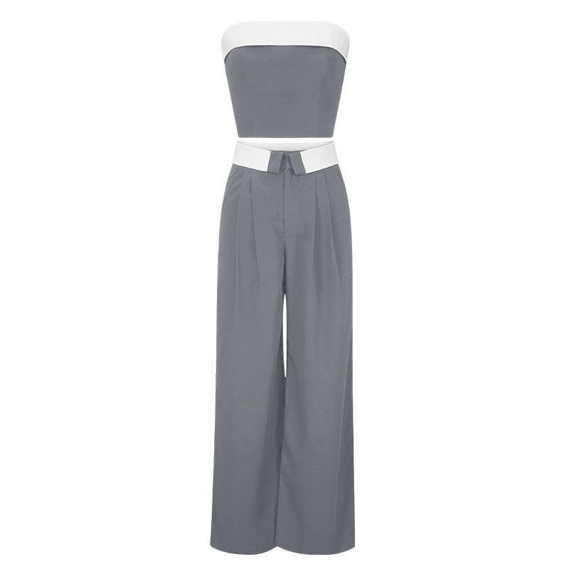 Contrast Color Vest Wide-leg Suit Pants Fashion Casual Two-piece Suit-Gray-4