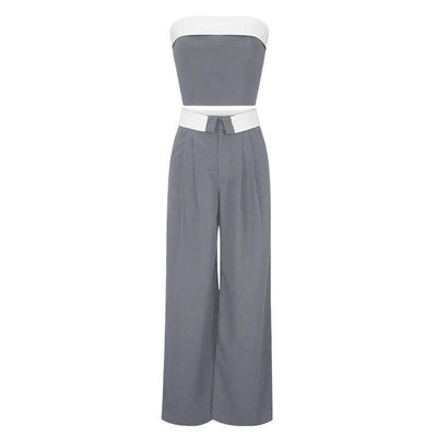 Contrast Color Vest Wide-leg Suit Pants Fashion Casual Two-piece Suit-Gray-4