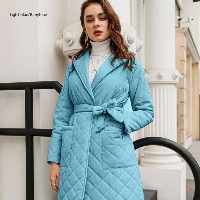 Cotton-padded Coat Fashion Polo Collar Mid-length Over The-Light Blue-10