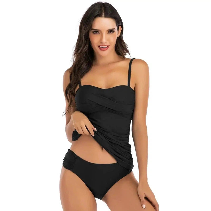 Covered belly split swimsuit ladies conservative-Black-4