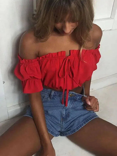 crop tops women summer lantern sleeve strapless-Red-7