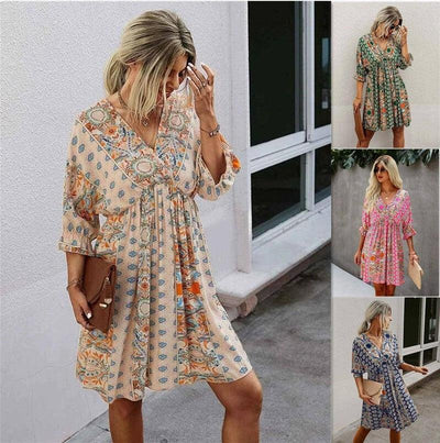 Cross-border V-neck Waist Trimming Printing Dress-2