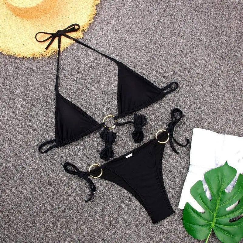 Cross-Border Strappy Split Swimsuit Feminine Stitching-Black-4