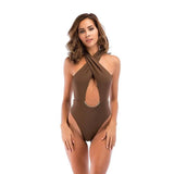 Cross-hanging neck piece multi-color tight-fitting swimsuit-Khaki-5