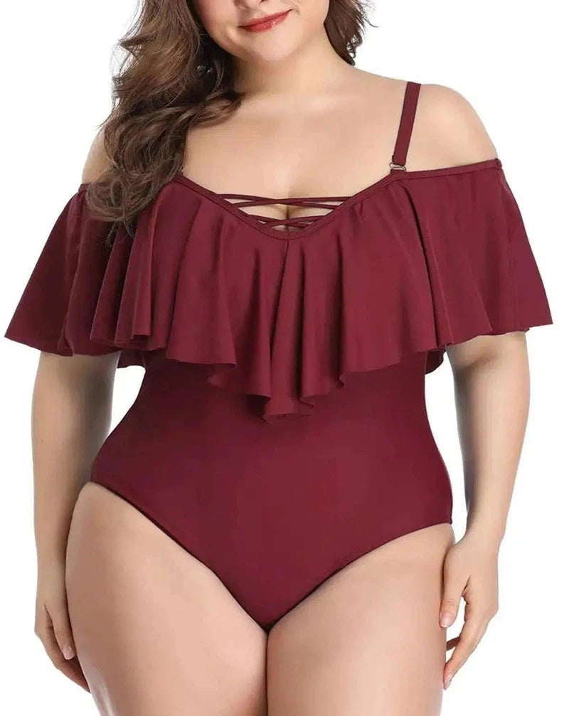 Cross Solid Color Ruffled Large Size Slim Bikini Swimsuit-WineRed-4