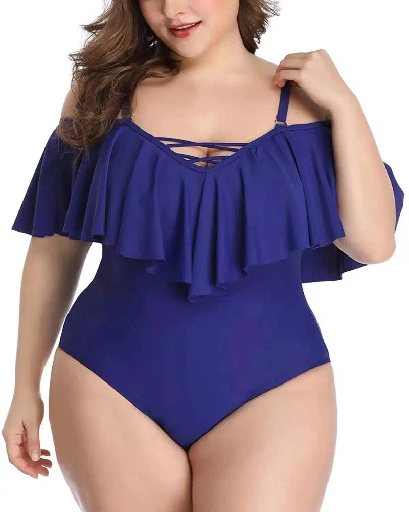 Cross Solid Color Ruffled Large Size Slim Bikini Swimsuit-Blue-6