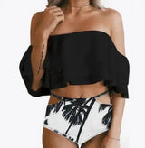 Cute double ruffled swimwear printed shorts one-shoulder-White2-8