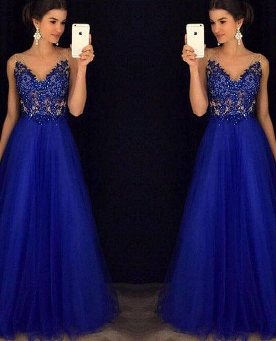 Dress Backless Beaded Ball Elegant Long Dress Blue Chiffon-4