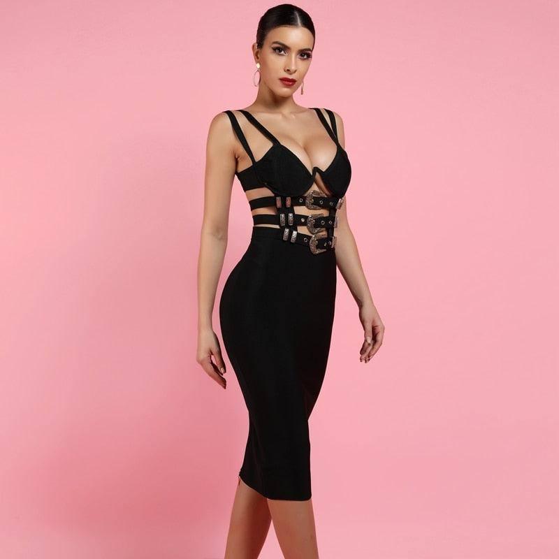 Elegant Black V Neck Bandage Bodycon Dress-2