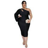 CM.YAYA Plus Size 2XL-5XL Women Dress Autumn Club Party One Shoulder Long Sleeve Cut Out Bodycon Midi Dress Pencil Dresses-black-7