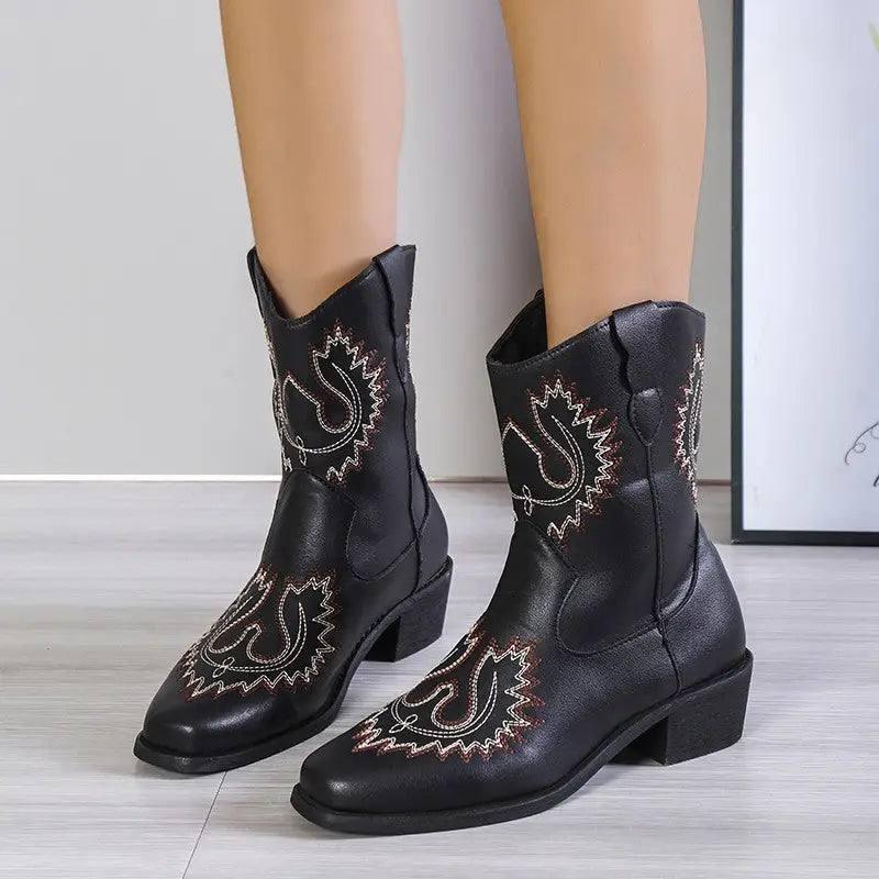 Embroidery Western Boots Chunky Mid Heel Cowboy Boots Women-Black-2