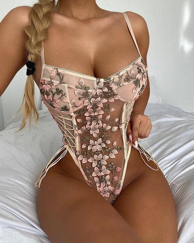 Erotic Lingerie Lace Flower Embroidery Lace-Up Sexy-10