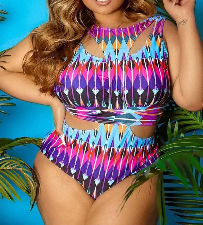 Ethnic Print Plus Size Swimsuit Bikini-Purple-6