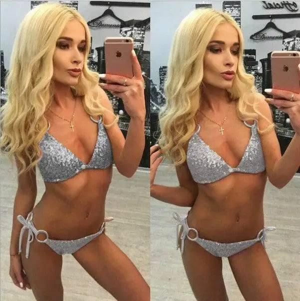 European And American Sexy Sequins Lace-Up Bikini Women-Silver-3