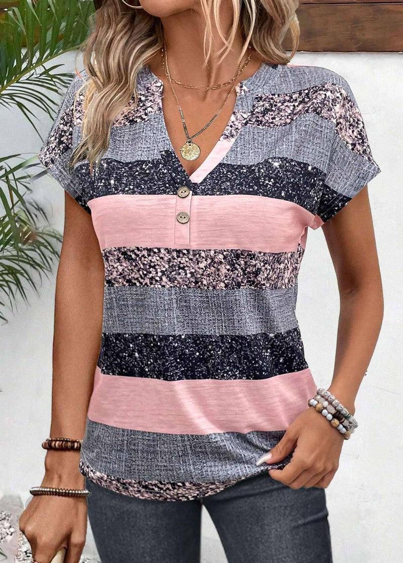 European And American Summer Short Sleeve Striped V-neck 3D-9