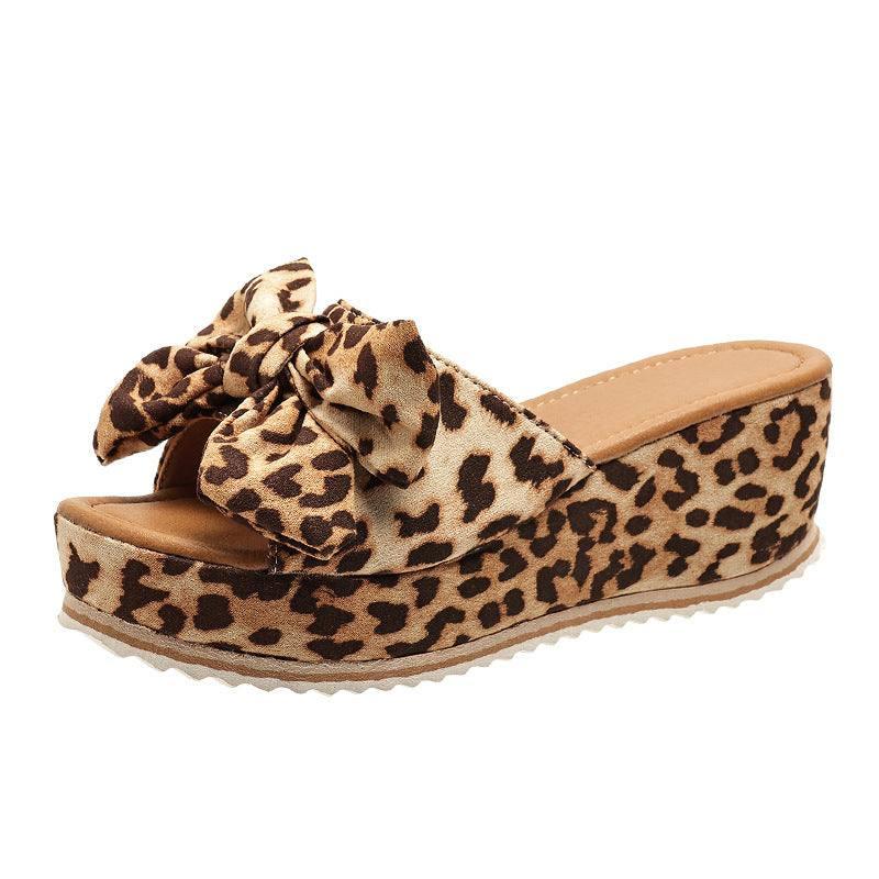 Fashion Bow Leopard Print Wedge Slippers For Women New-Brown Leopard-7