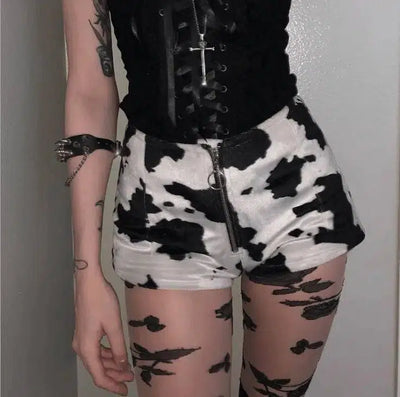 Fashion cow print slim zipper shorts women's casual pants-5