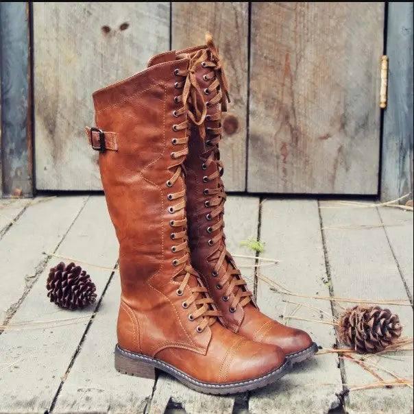 Fashion Cross Strap Knight Boots Women-Brown-7